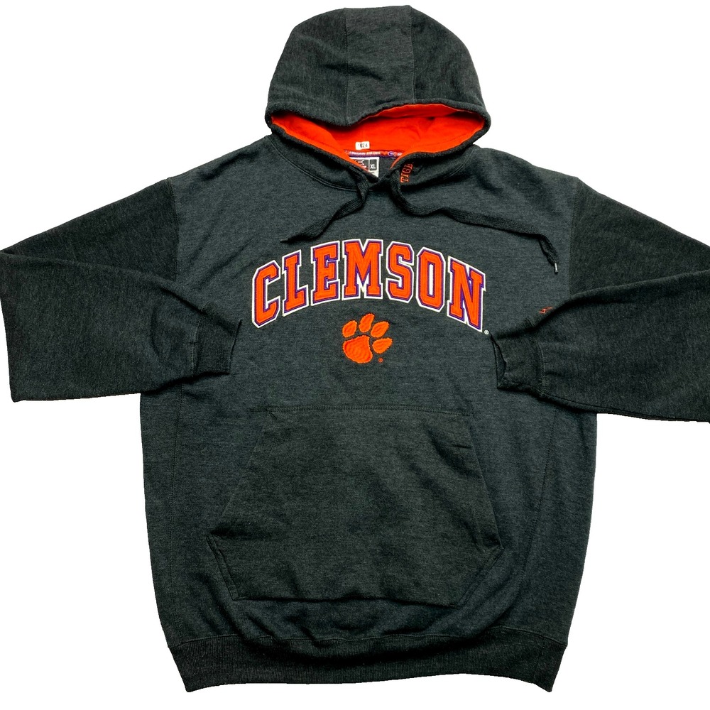 VINTAGE Clemson Tigers Hoodie Mens XL Gray Fleece Sweatshirt Stitched